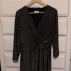 Calvin Klein Black/Gold Metallic Faux Wrap Sheath Dress Size 10